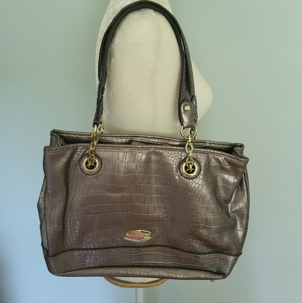 Liz Claiborne Metallic Taupe Gold Faux Alligator Embossed Shoulder Bag Purse‎